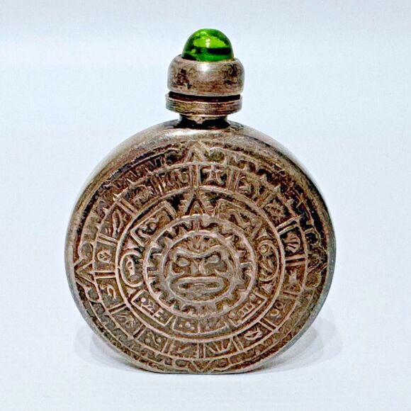 Vintage 1960s Mexico Peru Silver Perfume Bottle Aztec Mayan Calendar Rare (A3) - Picture 1 of 7